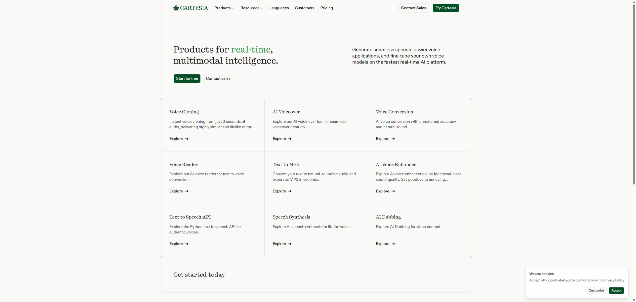 Cartesia product page showing voice cloning, text to speech, and dubbing tools