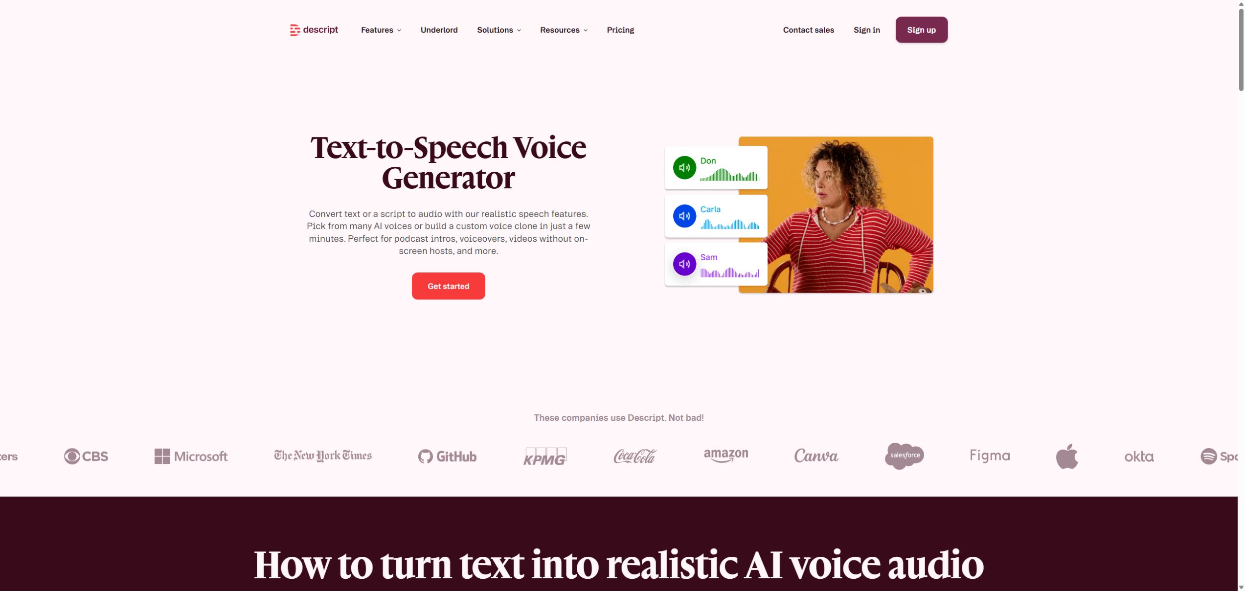 Descript text to speech voice generator page with voice controls