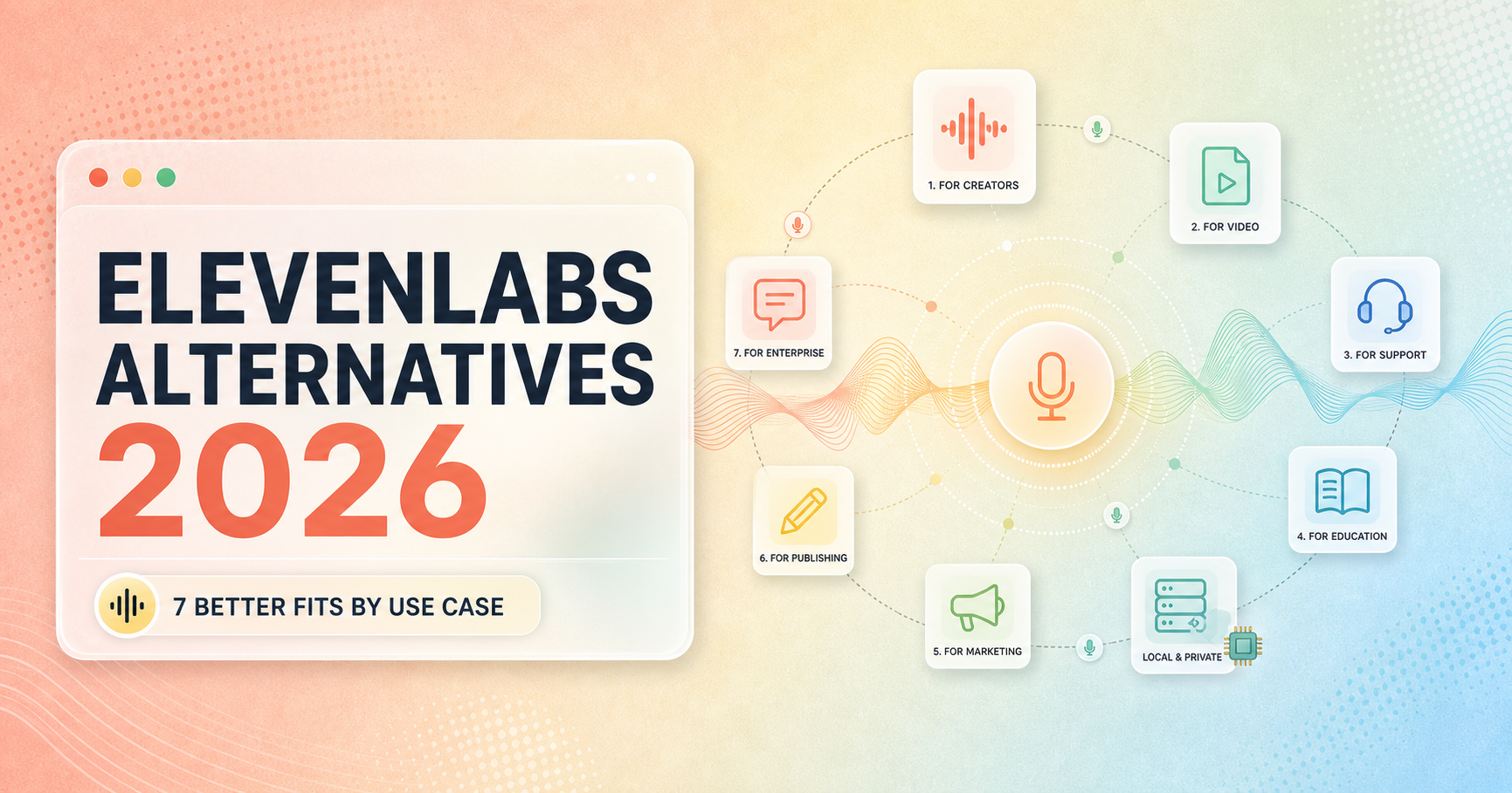 ElevenLabs alternatives 2026 cover with seven voice workflow routes around a microphone