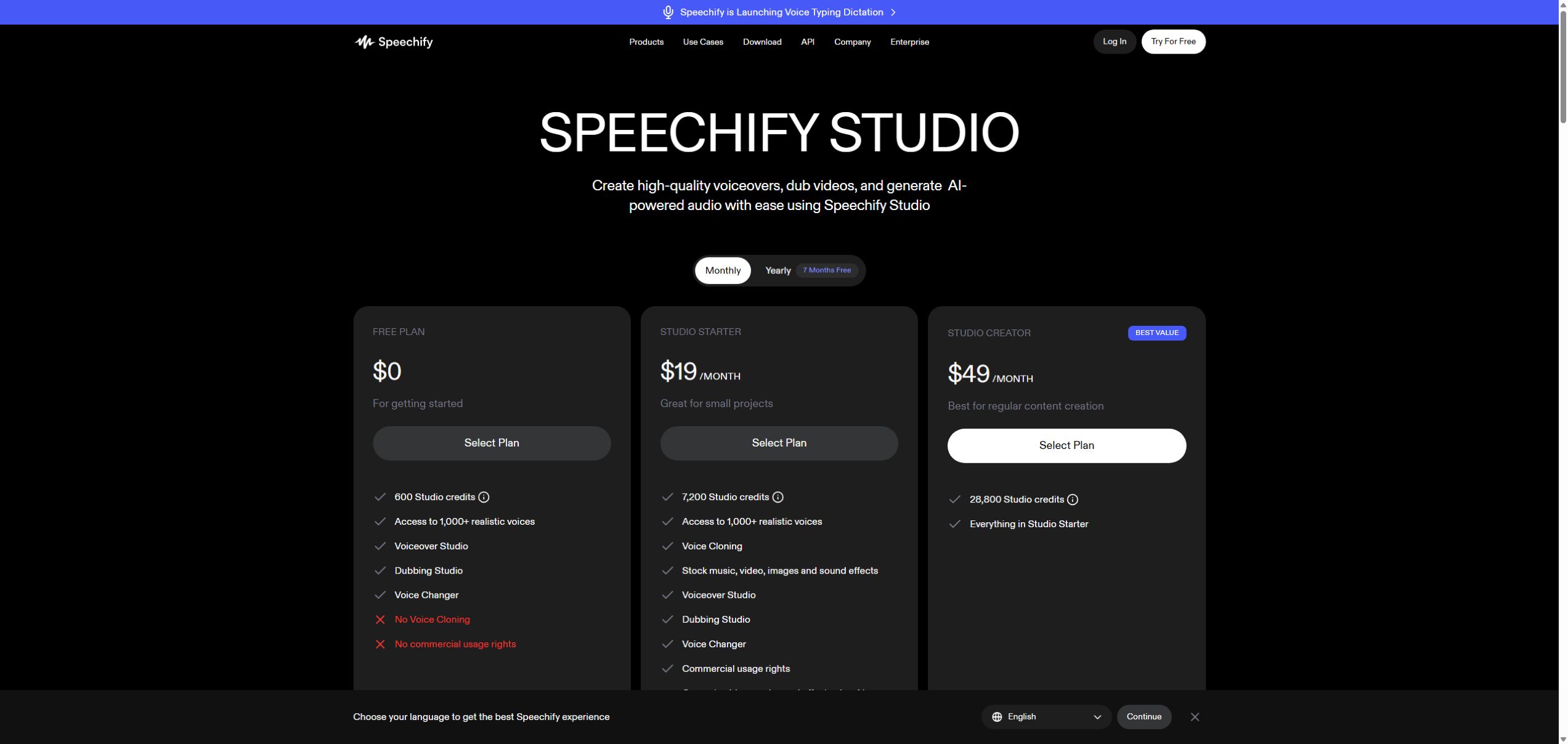 Speechify Studio free, Starter, and Creator pricing plans