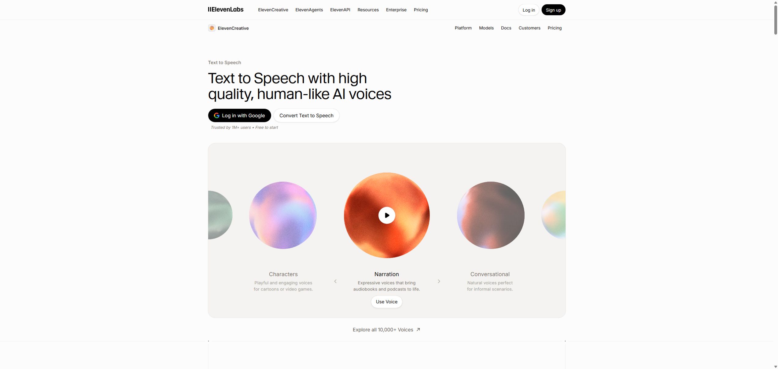 ElevenLabs English text to speech page with narration, character, and conversational voices