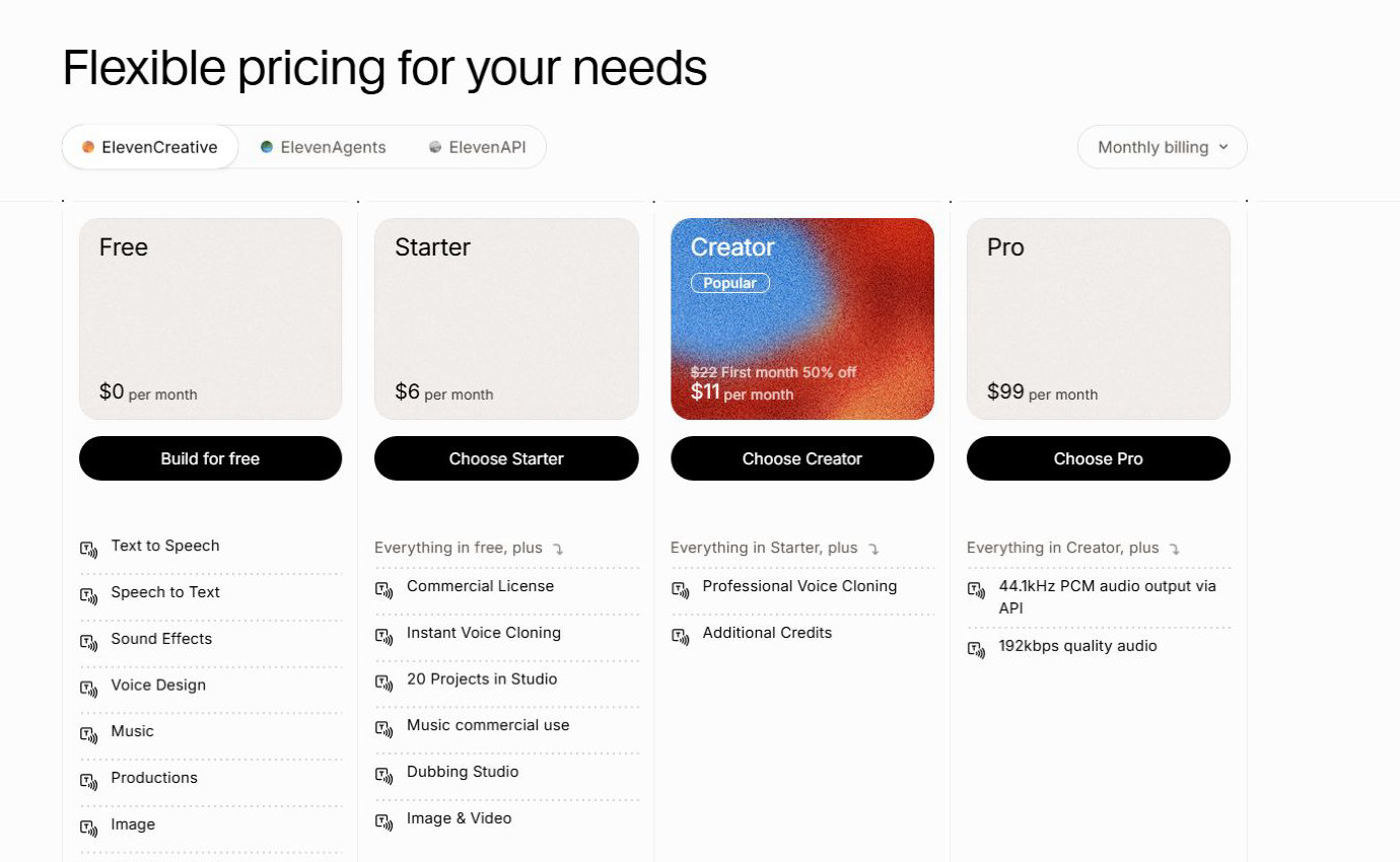 ElevenLabs 2026 Free, Starter, Creator, and Pro creative pricing plans