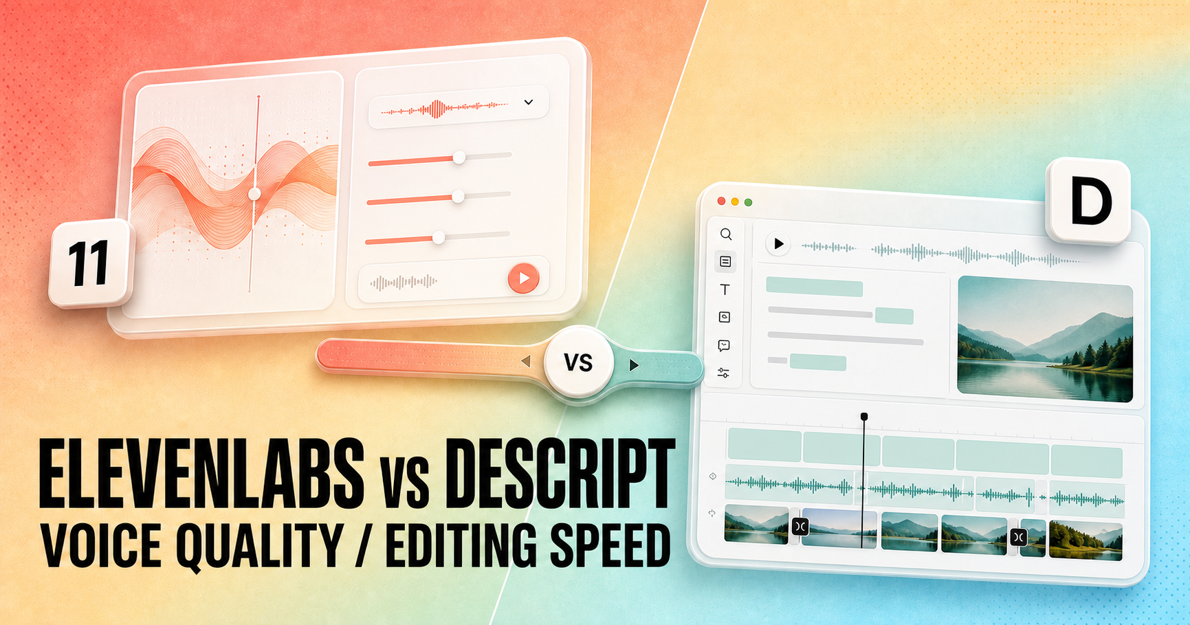 ElevenLabs vs Descript 2026 comparison cover showing voice controls against a transcript video editor