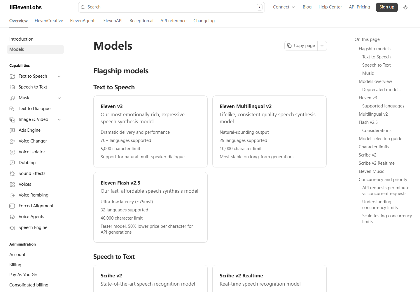 ElevenLabs English documentation showing Eleven v3, Multilingual v2, and Flash v2.5 text to speech models