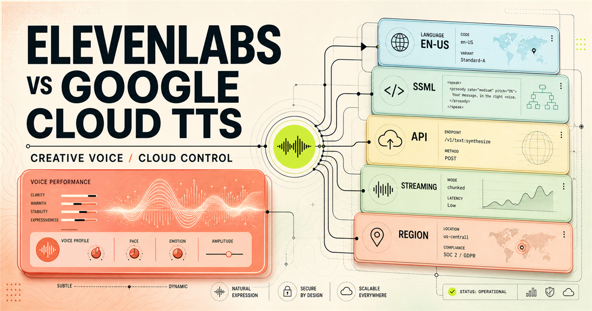 ElevenLabs vs Google Cloud Text-to-Speech cover contrasting creative voice controls with cloud language, SSML, API, streaming, and region cards