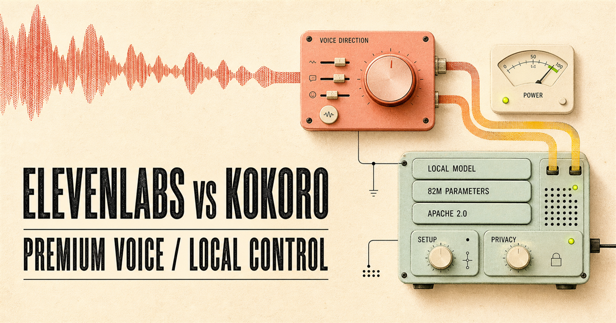 ElevenLabs vs Kokoro cover showing an expressive voice control module connected to a compact local model machine