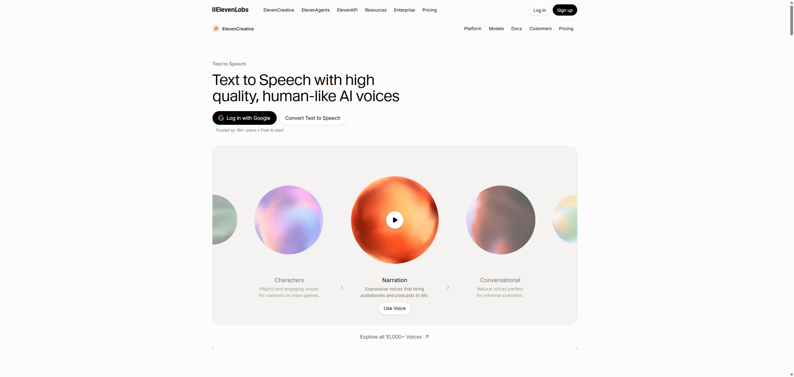 ElevenLabs English text to speech page showing narration, character, and conversational voice use cases
