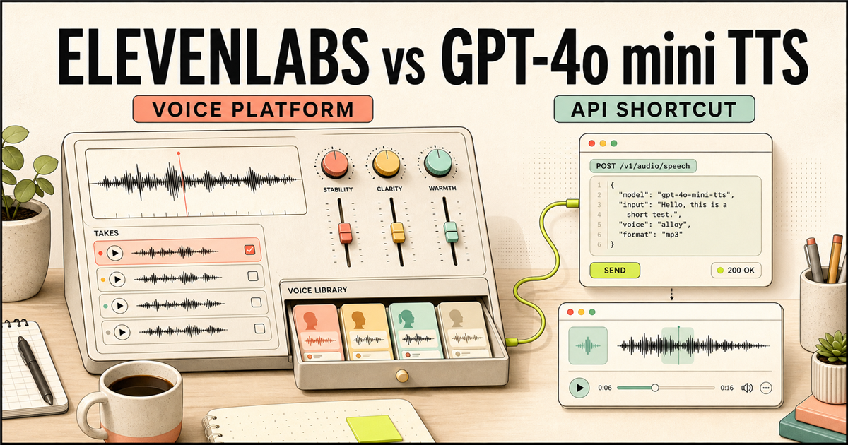 ElevenLabs vs OpenAI GPT-4o mini TTS cover comparing a voice platform with an API shortcut