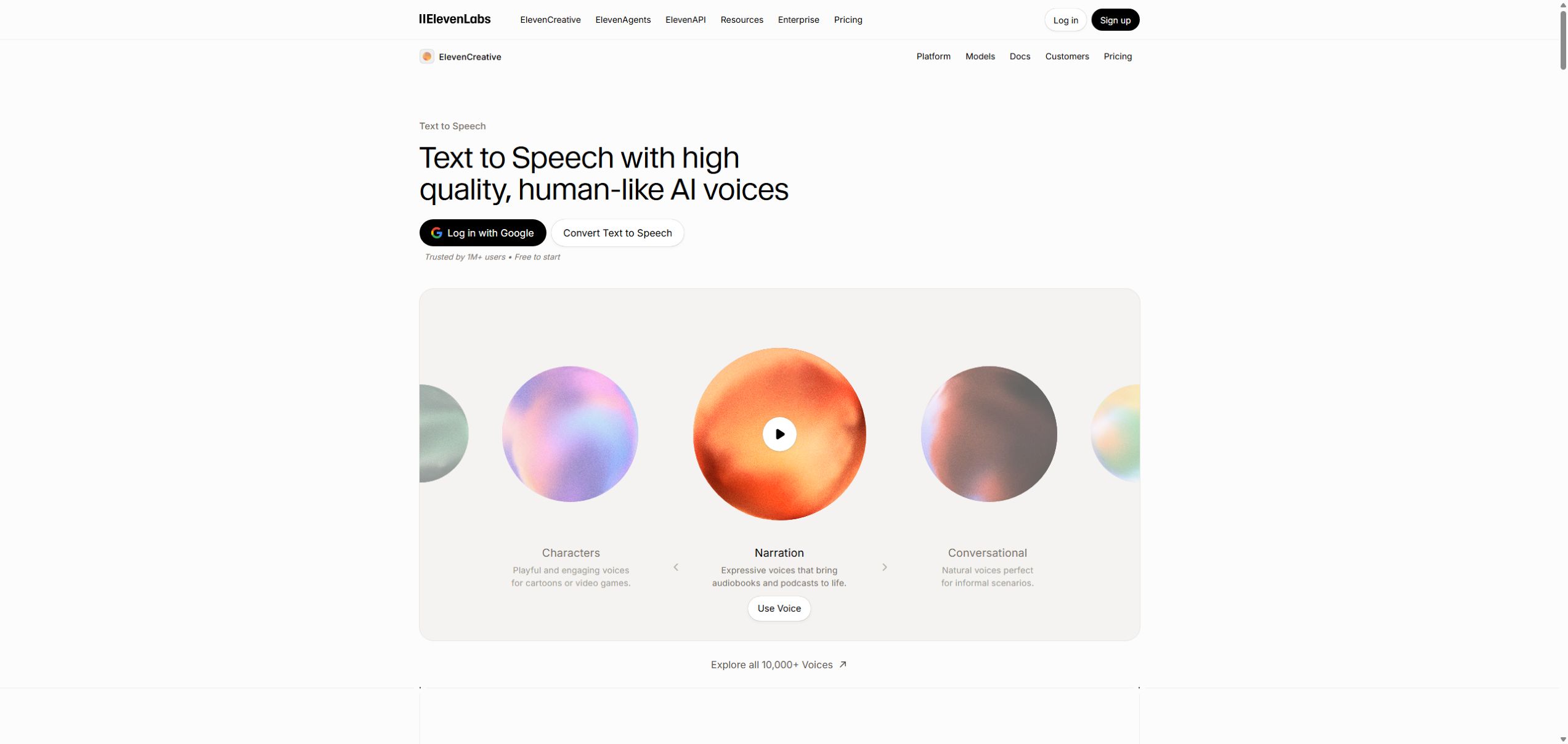 ElevenLabs text to speech page with narration, character, and conversational voice choices