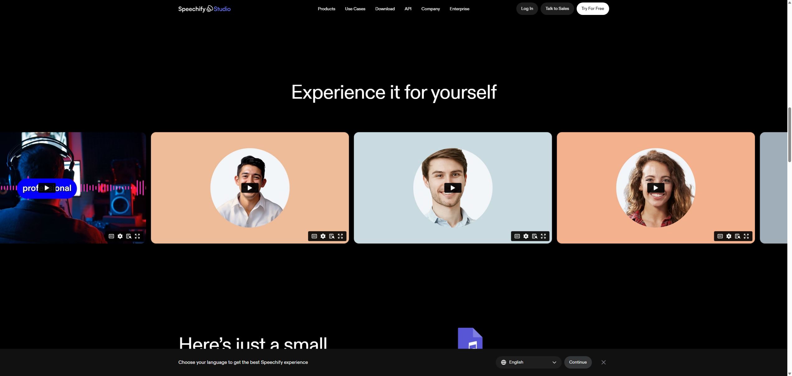 Speechify Studio page showing English creator examples for voice and video production